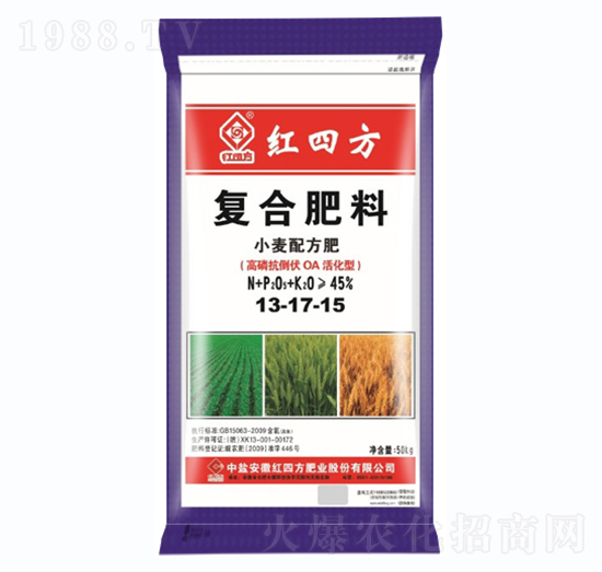 氯基高磷抗倒小麥專用復(fù)合肥料13-17-15-紅四方